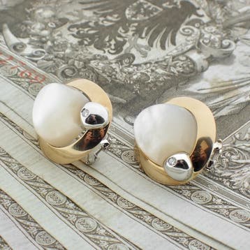 Talento bicolor gouden oorbellen met parelmoer en diamant..., Gebruikt, Ophalen of Verzenden, Met edelsteen, Goud