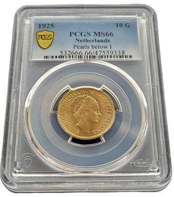 Gouden Wilhelmina 10 gulden 1925 MS66 Pearl below I variant, Postzegels en Munten, Verzenden, Goud, Koningin Wilhelmina, Losse munt