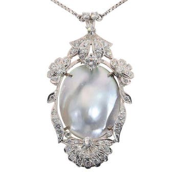 Ketting met hanger - 18 karaat Witgoud - Diamant - Retro