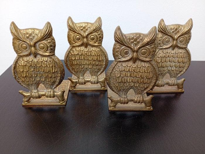 Boekensteunen (4) - Messing - 4 Koperen Uilen, Antiek en Kunst, Curiosa en Brocante