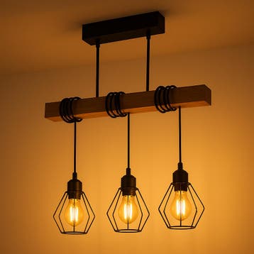 Hanglamp Hout en industrieel | 50CM | 3 x E27 fitting, Ophalen of Verzenden, Nieuw, Landelijk, E27 (groot)