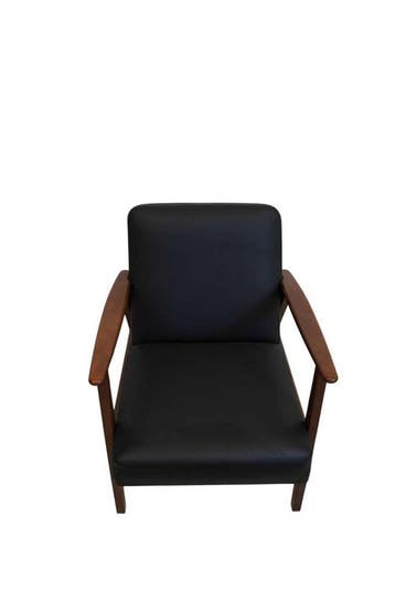 Vintage Scandinavische fauteuil – houten frame met zwarte le, Ophalen of Verzenden, Nieuw
