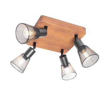 Industriële spot zwart met hout 4-lichts - Kristina, Verzenden, Nieuw