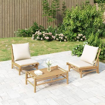 vidaXL 3-delige Loungeset met kussens bamboe crèmewit, Tuin en Terras, Tuinsets en Loungesets, Verzenden, Nieuw, Hout, Loungeset