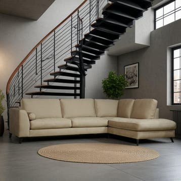 Hoekbank Rijssen goedkoop - 295x210cm veloursstof beige, Ophalen of Verzenden, Nieuw, Stof, Moderne hoekbank