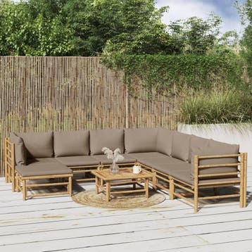 vidaXL 9-delige Loungeset met kussens bamboe taupe, Verzenden, Nieuw, Hout, Loungeset