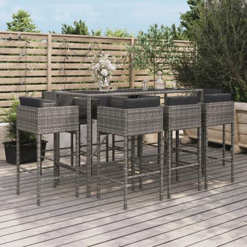 vidaXL 9-delige Tuinbarset met kussens poly rattan grijs, Verzenden, Nieuw, 8 zitplaatsen