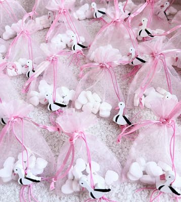 10 Bedankjes Ooievaar roze en wit met 10 pepermuntjes, Verzenden, Nieuw, Versiering, Geboorte of Huwelijk