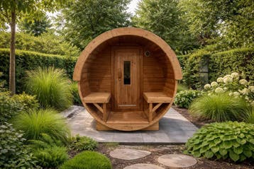 Barrel Sauna | Buitensauna | Thermowood met Veranda, Ophalen of Verzenden, Nieuw, Fins of Traditioneel, Complete sauna