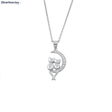 Zilveren 2 poezen in halve maan ketting, Verzenden, Nieuw, Zilver