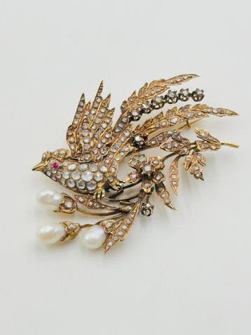 Broche - 12 kt. Geel goud Parel - Diamant
