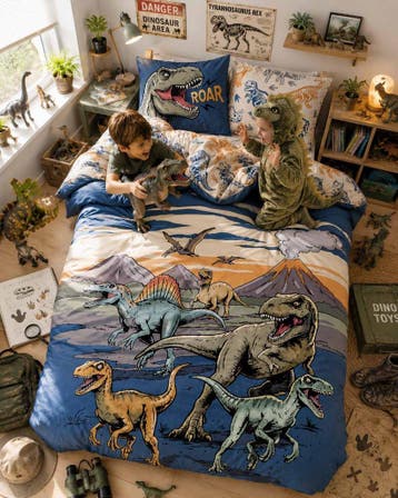 Kinderdekbedovertrek Dinosaurussen bij een vulkaan - Katoen, Overige merken, Nieuw, Dubbelzijdig, Jongetje