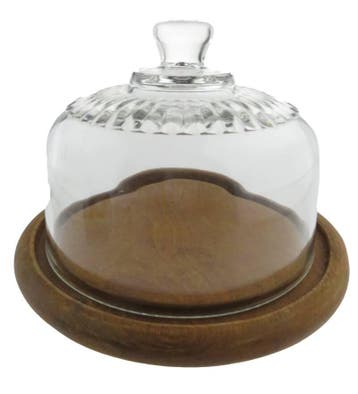 Kaasstolp van glas op houten onderbord, Verzenden, Gebruikt