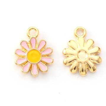 2 x Metalen emaille bedels bloem – roze/geel – 14 x 12 m, Ophalen of Verzenden, Nieuw, Bedel