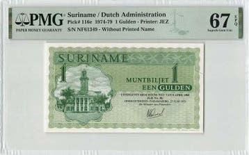 1979 Suriname 1 Gulden Pick 116e Pmg Superb Gem Unc 67 Epq, Verzenden