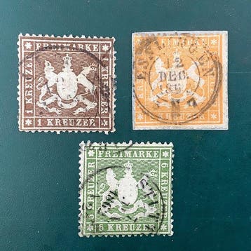 Württemberg 1861 - 1, 3 en 6 Kreuzer wapenschild op dun, Gestempeld