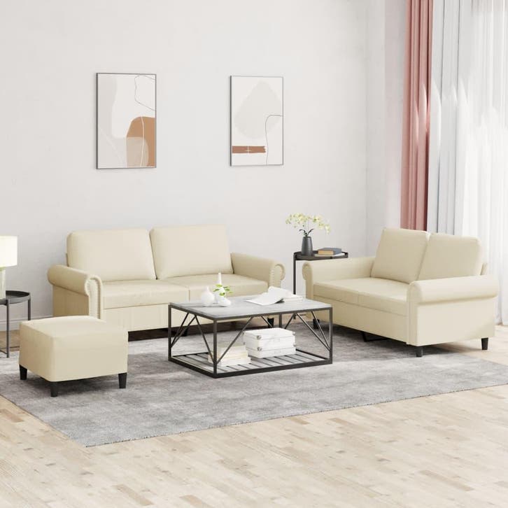 vidaXL 3-delige Loungeset met kussens kunstleer crème, Huis en Inrichting, Banken | Bankstellen, Nieuw, Leer, Vierpersoons of meer