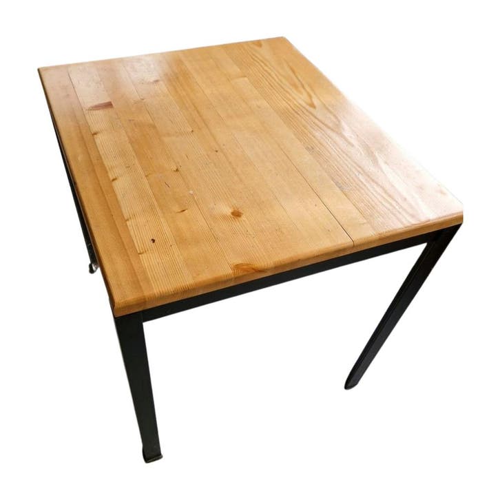 Tafel 80x80 cm, houten blad, metaal onderstel, gebruikt -, Huis en Inrichting, Bureaus, Gebruikt, Ophalen of Verzenden