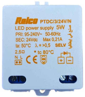 OP=OP Relco LED driver 230V-24Vdc 5W 40x42x21mm, Ophalen of Verzenden, Nieuw