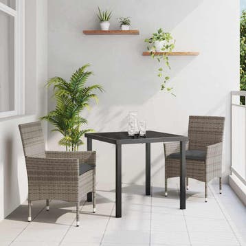 vidaXL Tuin eettafelset met kussen 3 pcs Grijs poly rattan, Verzenden, Nieuw, Rotan, 3 zitplaatsen