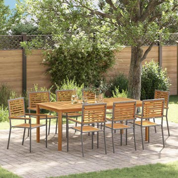 vidaXL Tuin eettafelset 9 st Grijs Massief Acaciahout, Verzenden, Nieuw, Meer dan 8 zitplaatsen