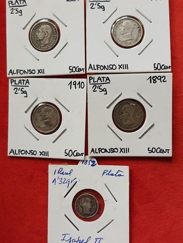 Spanje. Alfonso XII. Lote de 5 monedas 1852/1910. 1 Real y