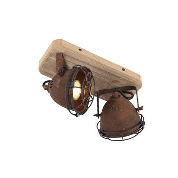 Industriële spot roestbruin met hout kantelbaar 2-lichts -, Huis en Inrichting, Lampen | Spots, Verzenden, Nieuw