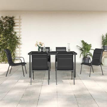 vidaXL 7-delige Tuinset textileen en staal zwart, Verzenden, 6 zitplaatsen, Nieuw, Rvs