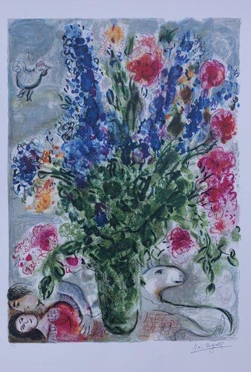 Marc Chagall (1887-1985) - Bouquet champêtre aux amoureux, Antiek en Kunst
