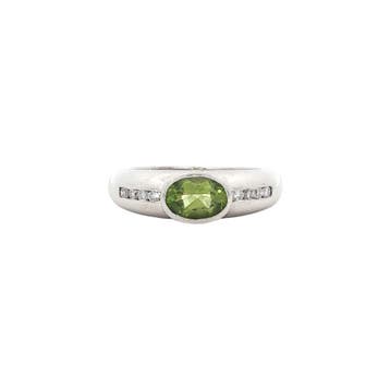 Witgouden ring met peridoot en diamant 18 karaat, Verzenden, Zo goed als nieuw, Goud
