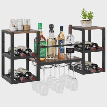 Wand wijnrek met 8 flessenhouders en 9 glazenhangers - Houte, Verzenden, Nieuw