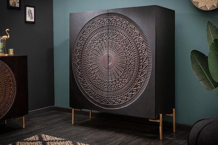 Massief dressoir MANDALA 120cm mangohout zwart gouden poten, Huis en Inrichting, Kasten | Overige, Ophalen of Verzenden