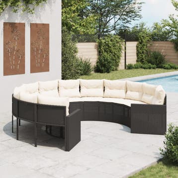 vidaXL Tuinbank met kussens rond poly rattan zwart, Verzenden, Nieuw