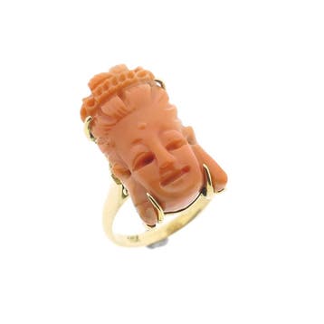 Vintage gouden ring van Kuan Yin in bloedkoraal, Gebruikt, Ophalen of Verzenden, 17 tot 18, Met edelsteen