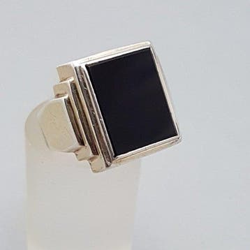 Zilver, Grote Art Deco, Onyx Zegelring - Ring - licht goud