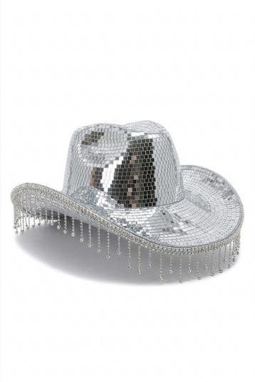 KIMU® Cowboyhoed Spiegeltjes Fringe Zilver Disco Hoed Franje, Ophalen of Verzenden, Nieuw, Feestartikel, Carnaval