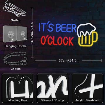 LED Neon Sfeerlicht 'It's Beer O'Clock' - Bar, Garage & Man, Verzamelen, Verzenden, Nieuw