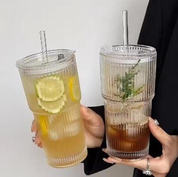 Gestreept Glas met Deksel en Rietje 600 ml Drinkbeker, Verzenden, Nieuw