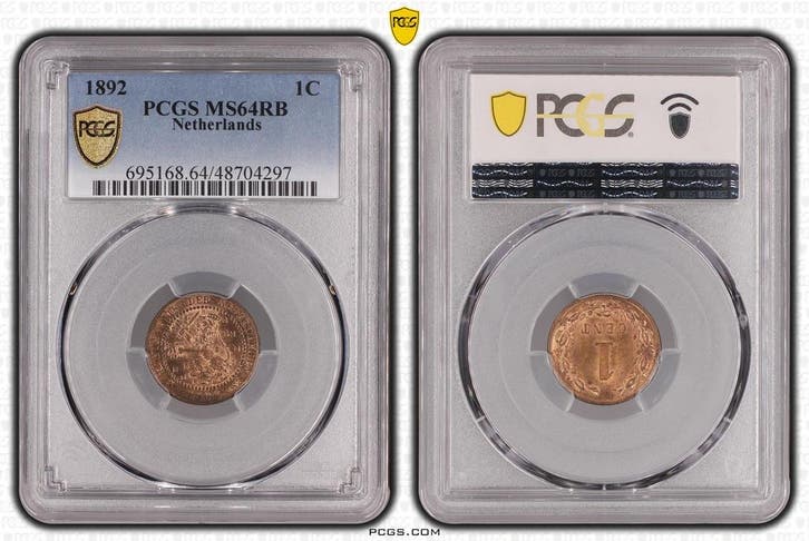 Koningin Wilhelmina 1 cent 1892 MS64 RB PCGS gecertificeerd, Postzegels en Munten, Munten | Nederland, Losse munt, 1 cent, Koningin Wilhelmina