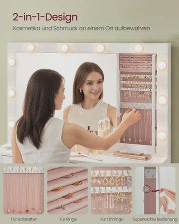 VASAGLE Kaptafel met LED Verlichting, Spiegel, Sieradenkast, Kinderen en Baby's, Verzenden, Nieuw