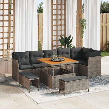 vidaXL Tuinbankenset 9 st Grijs poly rattan, Verzenden, Nieuw, Rotan, Meer dan 8 zitplaatsen
