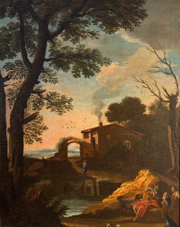 Scuola napoletana (XVII-XVIII) - Paesaggio fluviale con, Antiek en Kunst