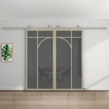 Dubbele stalen schuifdeur Kiezelgrijs5 Vlaks rond Rookglas, 75 tot 150 cm, Nieuw, 150 tot 225 cm, Metaal
