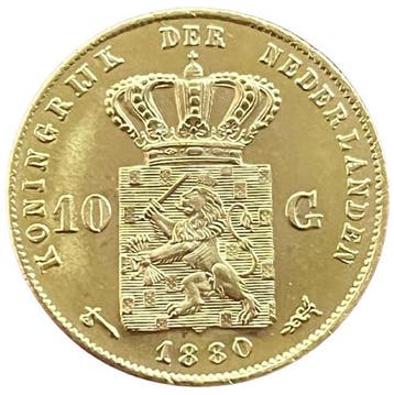 Gouden 10 gulden 1880 Willem III Schaars, Koning Willem III, Verzenden, Goud, Losse munt