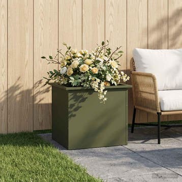 vidaXL Plantenbak met led Olijfgroen 50 x 60 x 48 cm Staal, Verzenden, Nieuw, Metaal, 60 tot 100 cm