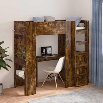 vidaXL Loft Bedframe met Bureau Gerookt eiken 75 x 190 cm, Verzenden, Nieuw, Bruin, Hout