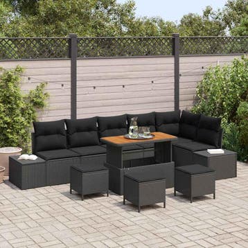 vidaXL Tuinbankenset met kussen 10 pcs Zwart poly rattan, Verzenden, Nieuw, Rotan, Meer dan 8 zitplaatsen