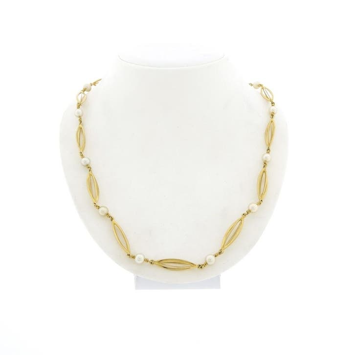 Gouden fantasie ketting met parels, Sieraden, Tassen en Uiterlijk, Kettingen, Overige kleuren, Gebruikt, Met edelsteen, Goud, Ophalen of Verzenden