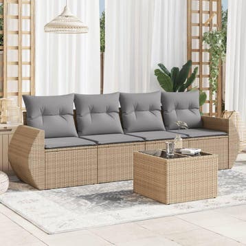 vidaXL 5-delige Loungeset met kussens poly rattan beige, Tuin en Terras, Verzenden, Nieuw, Loungeset