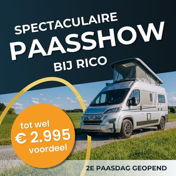 Paasshow bij Rico: tot € 2995,- campervoordeel, Caravans en Kamperen, Campers